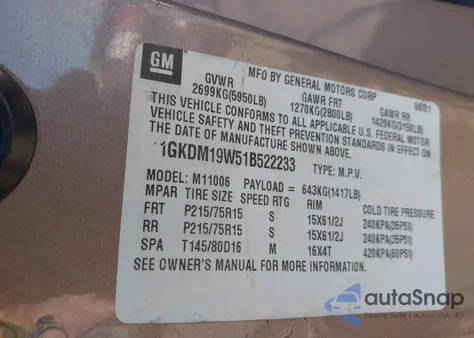 2001 GMC Safari Sle z USA, uszkodzony, nr VIN 1GKDM19W51B522233